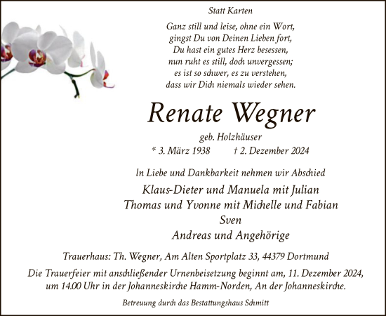 Todesanzeige von Renate Wegner von WA