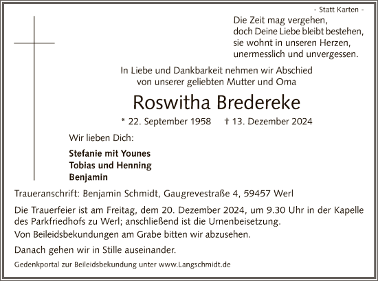 Todesanzeige von Roswitha Bredereke von WA