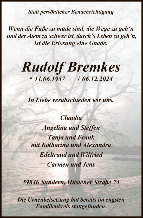 Todesanzeige von Rudolf Bremkes von WA