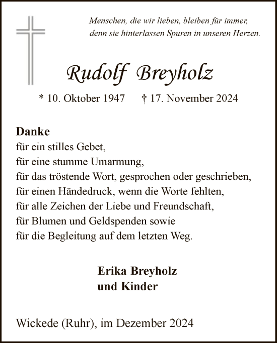 Todesanzeige von Rudolf Breyholz von WA