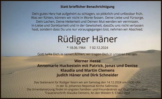 Todesanzeige von Rüdiger Häner von WA