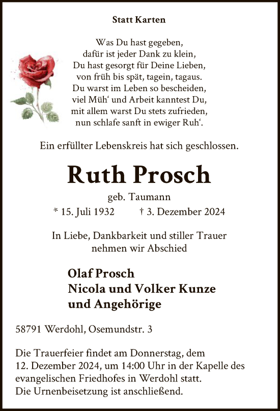 Todesanzeige von Ruth Prosch von WA