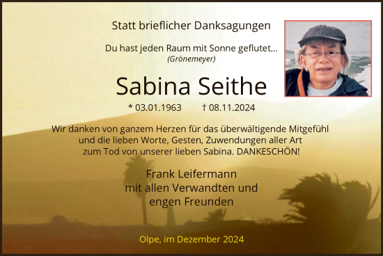 Todesanzeige von Sabina Seithe von WA