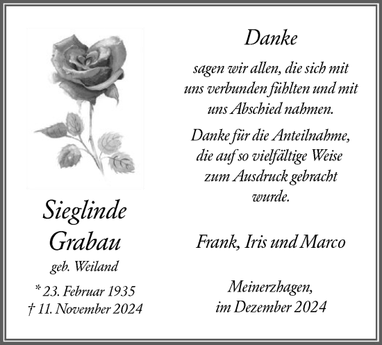 Todesanzeige von Sieglinde Grabau von WA