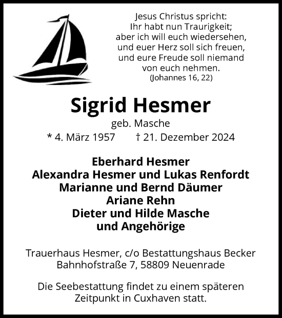 Todesanzeige von Sigrid Hesmer von WA
