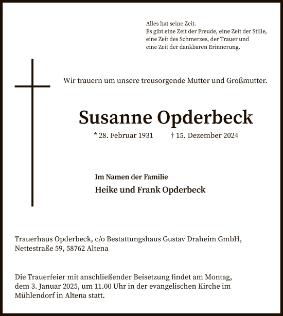 Todesanzeige von Susanne Opderbeck von WA