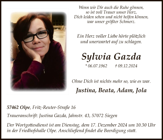 Todesanzeige von Sylwia Gazda von WA