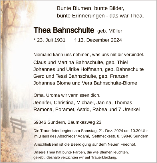 Todesanzeige von Thea Bahnschulte von WA