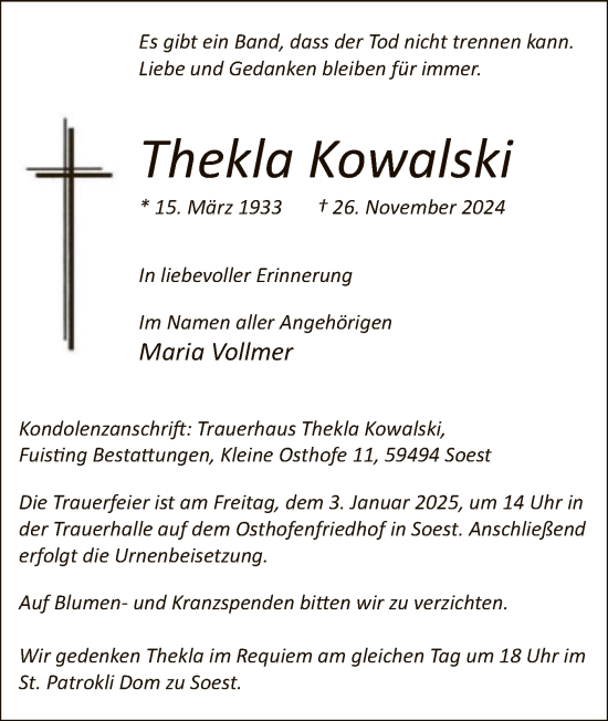 Todesanzeige von Thekla Kowalski von WA
