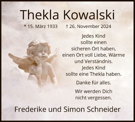 Todesanzeige von Thekla Kowalski von WA