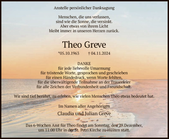 Todesanzeige von Theo Greve von WA