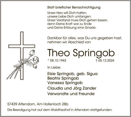 Todesanzeige von Theo Springob von WA