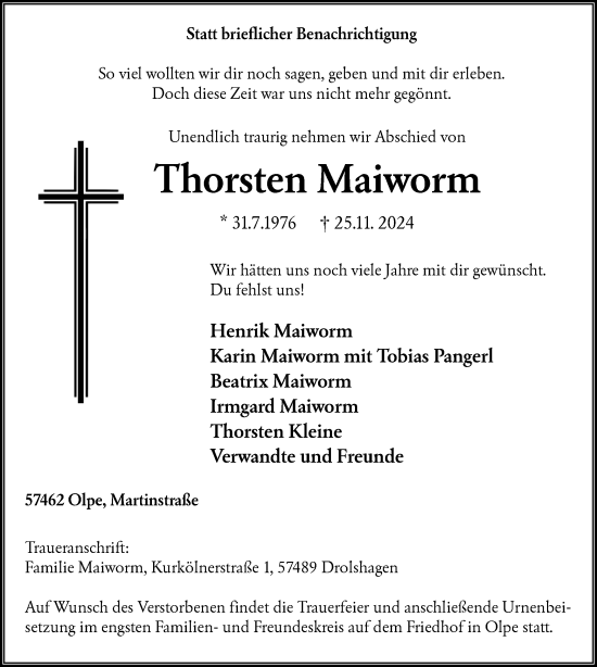 Todesanzeige von Thorsten Maiworm von WA