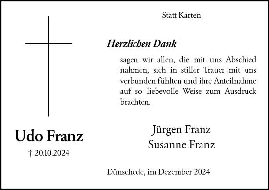 Todesanzeige von Udo Franz von WA