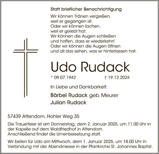 Todesanzeige von Udo Rudack von WA