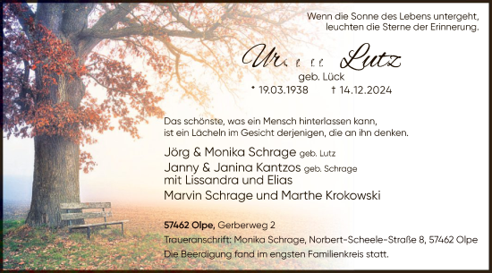 Todesanzeige von Ursula Lutz von WA