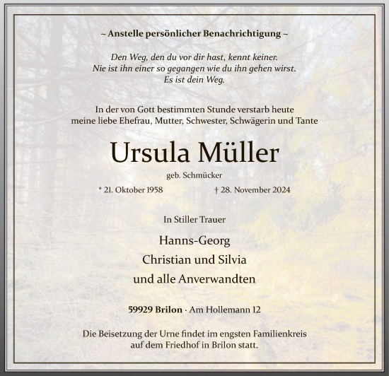 Todesanzeige von Ursula Müller von WA