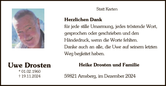 Todesanzeige von Uwe Drosten von WA