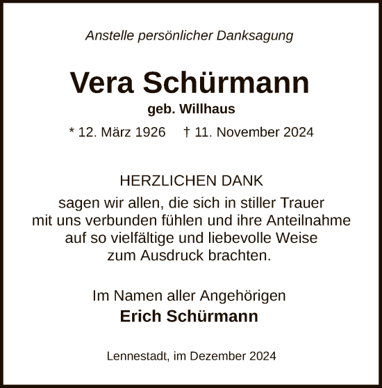 Todesanzeige von Vera Schürmann von WA