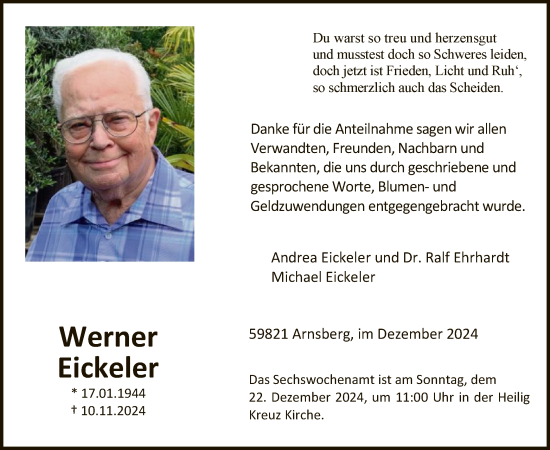 Todesanzeige von Werner Eickeler von WA