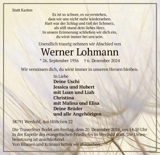 Todesanzeige von Werner Lohmann von WA