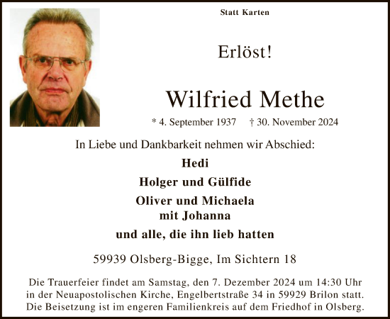Todesanzeige von Wilfried Methe von WA