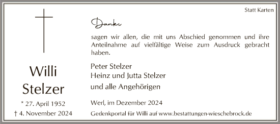 Todesanzeige von Willi Stelzer von WA