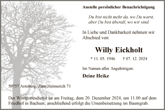 Todesanzeige von Willy Eickholt von WA