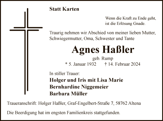 Todesanzeige von Agnes Haßler von WA