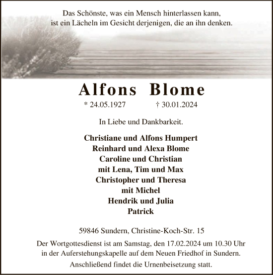 Todesanzeige von Alfons Blome von WA