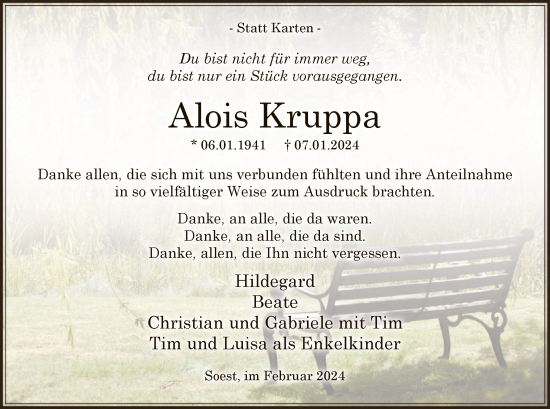 Todesanzeige von Alois Kruppa von WA