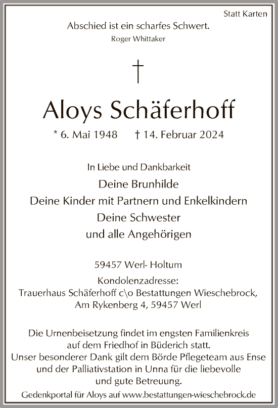 Todesanzeige von Aloys Schäferhoff von WA