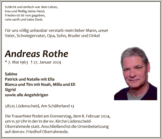Todesanzeige von Andreas Rothe von WA