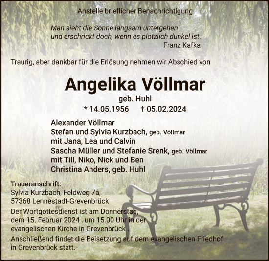 Todesanzeige von Angelika Völlmar von WA
