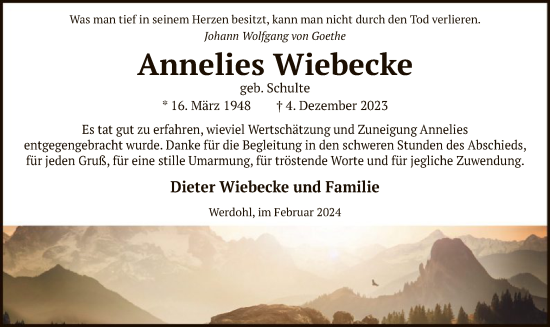Todesanzeige von Annelies Wiebecke von WA