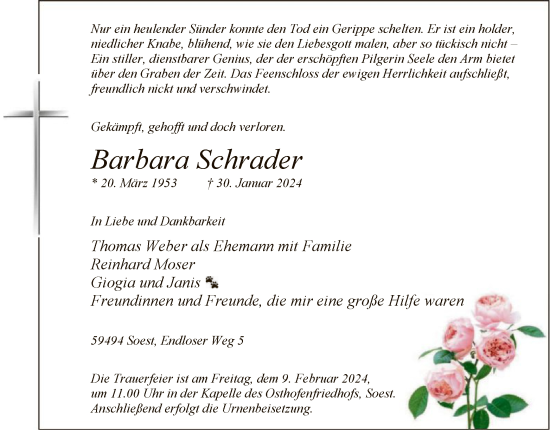 Todesanzeige von Barbara Schrader von WA