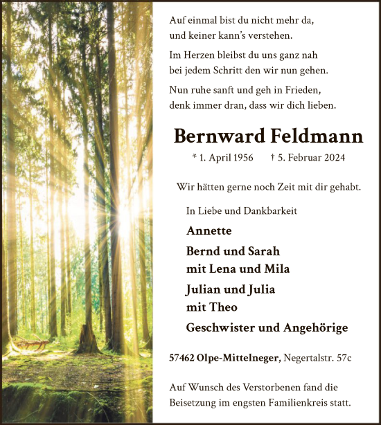 Todesanzeige von Bernward Feldmann von WA