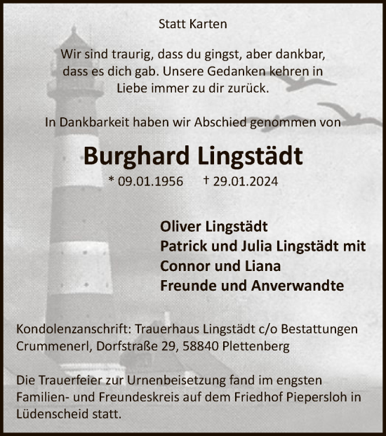 Todesanzeige von Burghard Lingstädt von WA