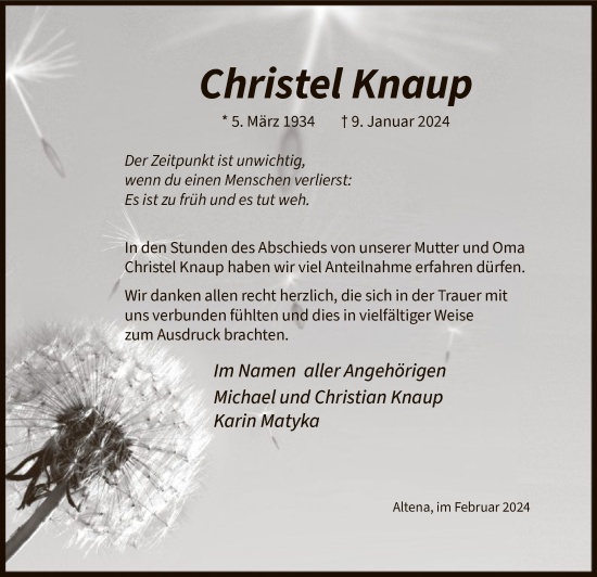 Todesanzeige von Christel Knaup von WA