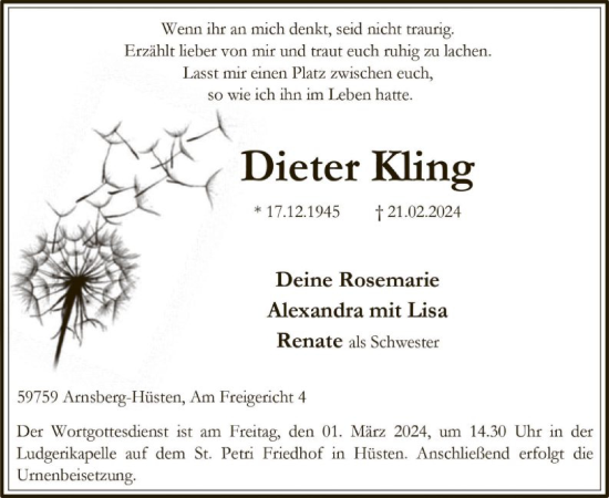 Todesanzeige von Dieter Kling von WA