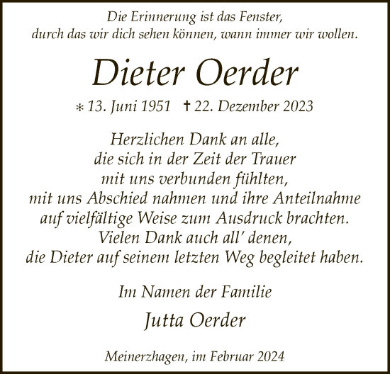 Todesanzeige von Dieter Oerder von WA