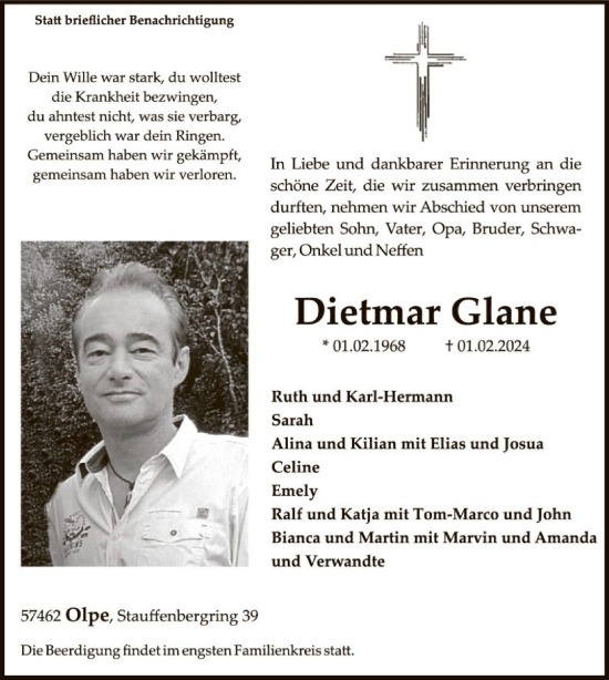 Todesanzeige von Dietmar Glane von WA