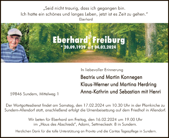 Todesanzeige von Eberhard Freiburg von WA