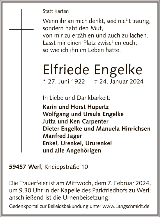 Todesanzeige von Elfriede Engelke von WA