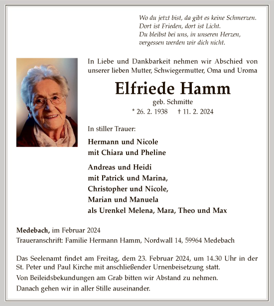 Todesanzeige von Elfriede Hamm von WA