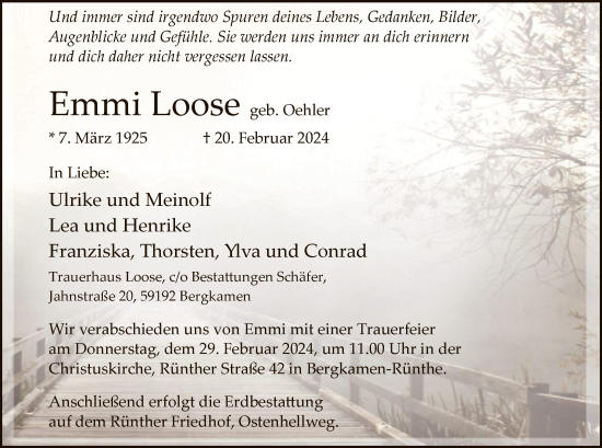 Todesanzeige von Emmi Loose von WA