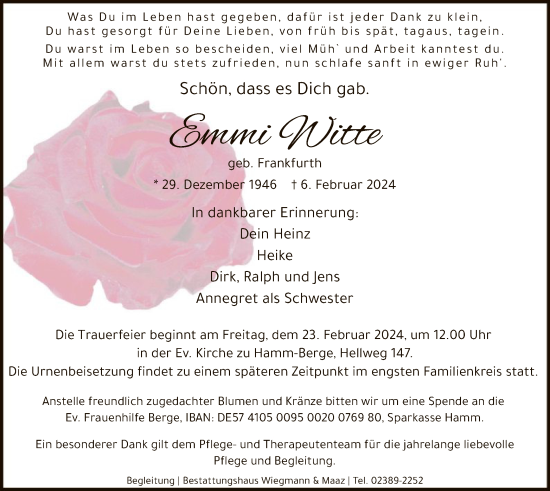 Todesanzeige von Emmi Witte von WA
