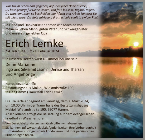 Todesanzeige von Erich Lemke von WA