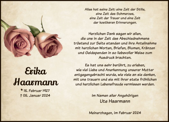 Todesanzeige von Erika Haarmann von WA