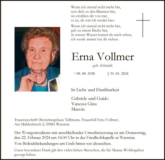Todesanzeige von Erna Vollmer von WA